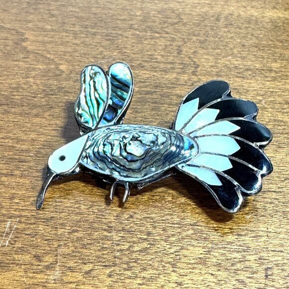 Vintage German Silver Hummingbird Brooch Pin with Abalone and Red & White Shell - Picture 2 of 5